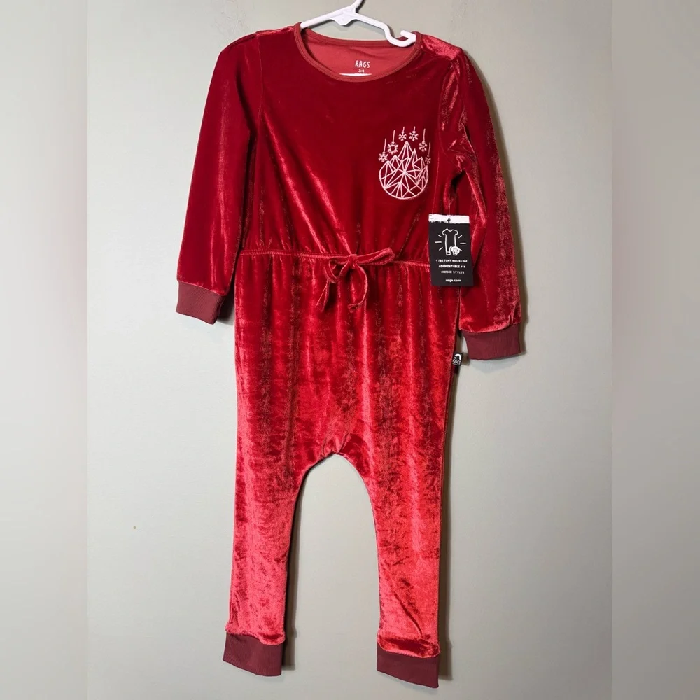 Rags Girls Velour Cranberry Red Geo Snowflake Christmas romper 3/4Y NWT‎